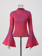 Fashion Round Neck Striped Flare Sleeve Slim Sweater