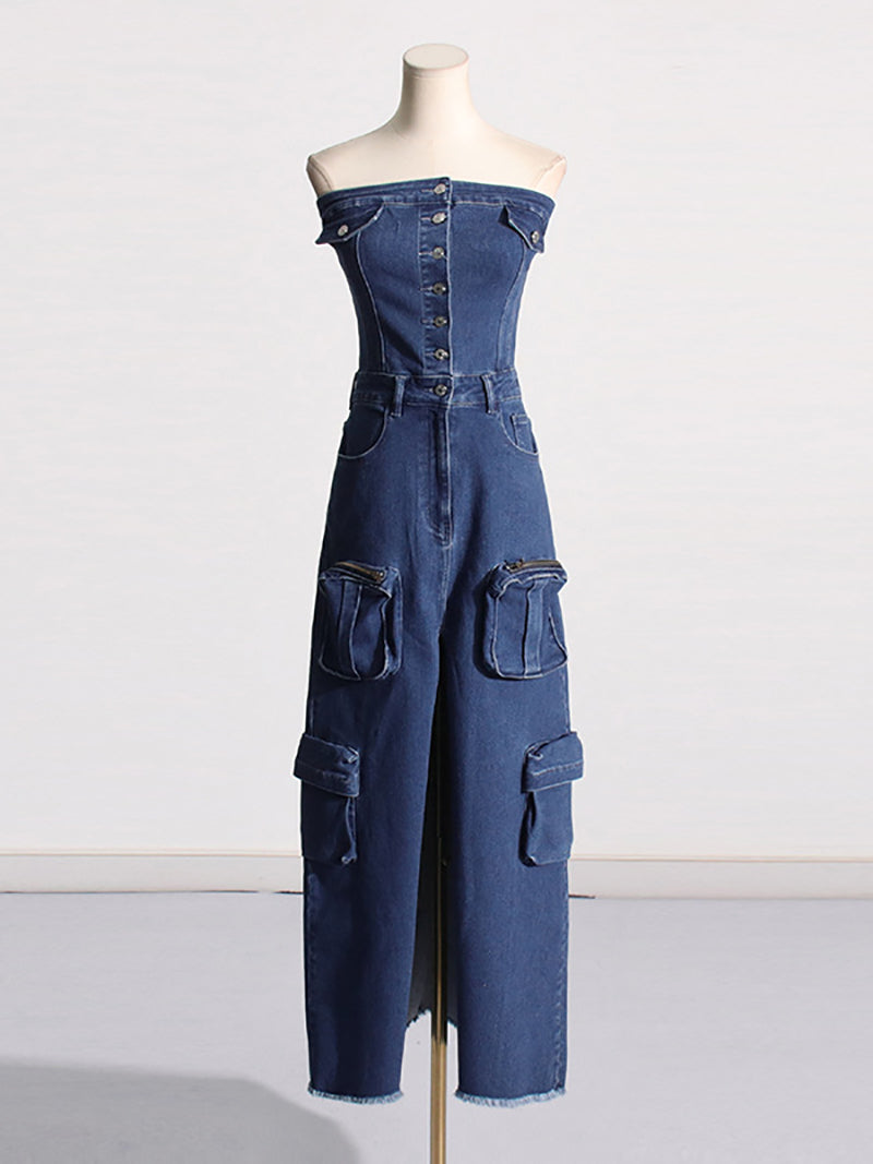 Fashion Slit Fitted Cargo Denim Tube Dress