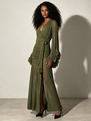 Feather Trim Asymmetric V Neck Dress-boutique