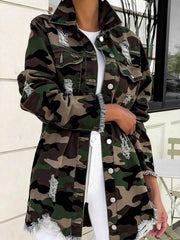 Fashion Camo Print Ripped Denim Jacket