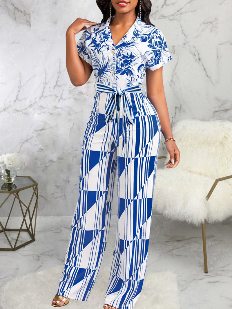 Fashion Print V Neck Jumpsuit