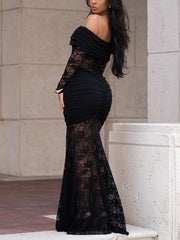 Sexy Off Shoulder Ruched Patchwork Lace Maxi Dress