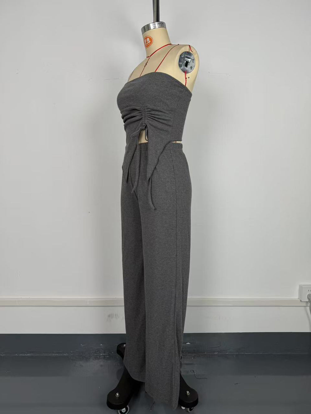 Ribbed Knit Asymmetric Strapless Top And Pants Set