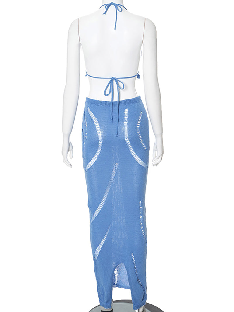 Sexy Hollow Out Drawstring Long Skirt Set