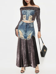 Fashion Mesh Off Shoulder Denim Patchwork Skirts Set