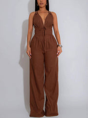 Casual V Neck Cinched Waist Sports Jumpsuit