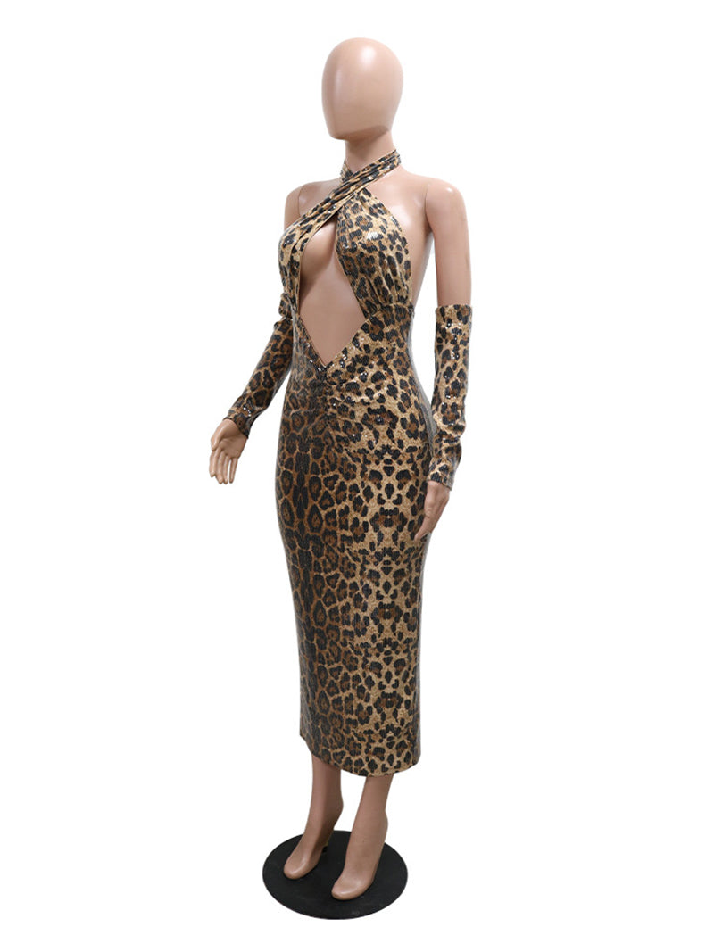 Elegant Leopard Print Halter Maxi Evening Dress