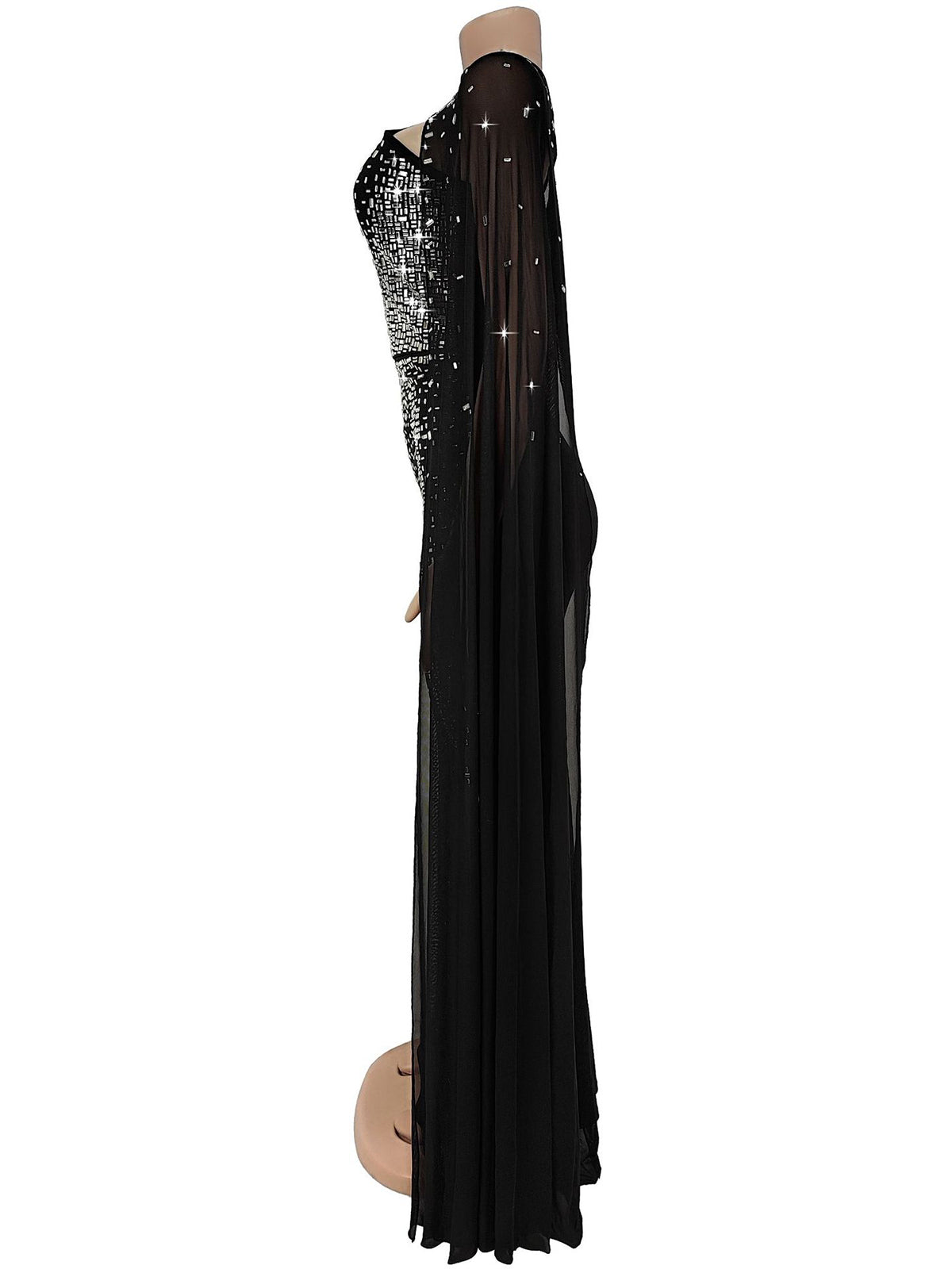 Elegant Sheer Mesh Rhinestone Slim Maxi Dress