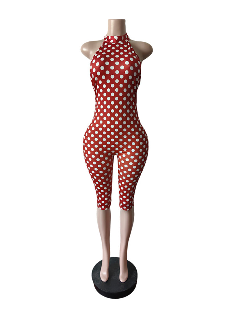 Sexy Polka Dot Halter Backless Capri Jumpsuit