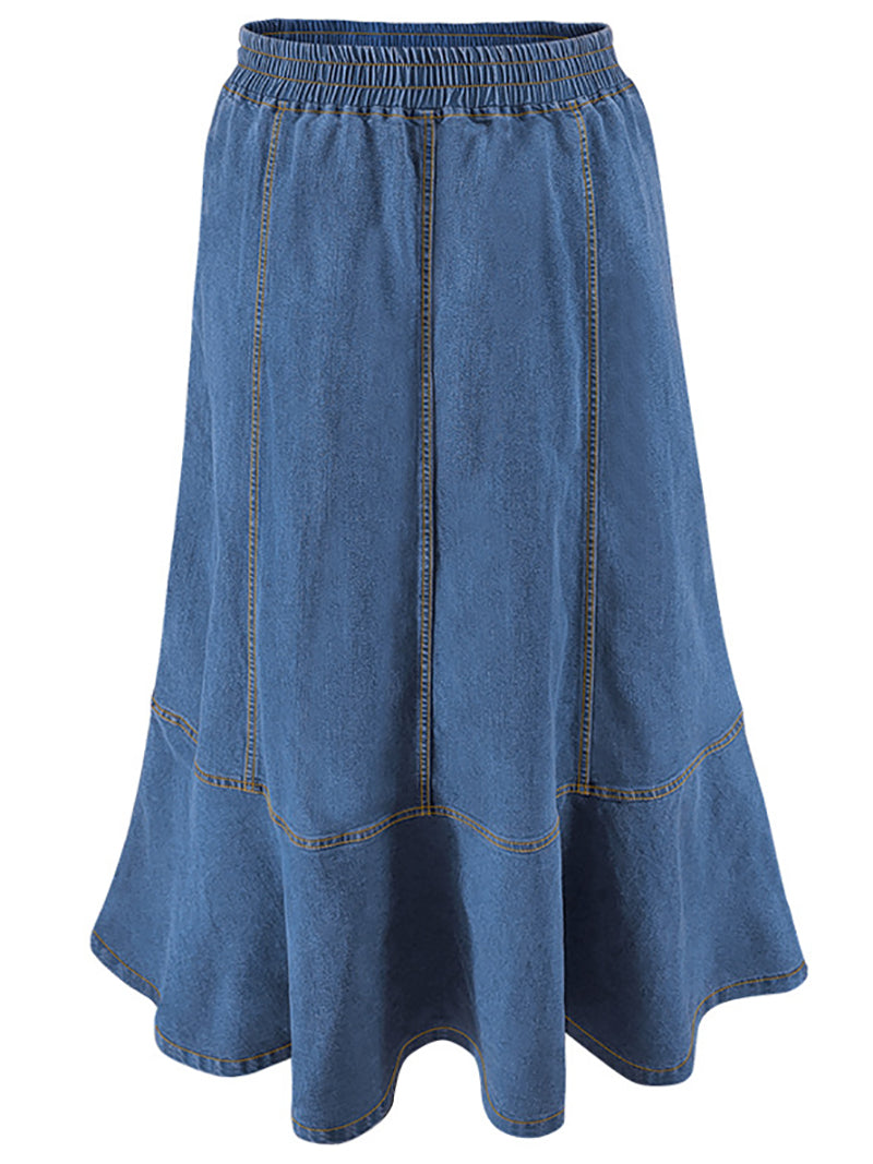 Fashion Elastic Waist Patchwork Denim Skirt