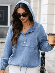 Hooded Half Button Washed Denim Pullover