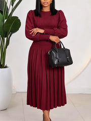 Puff Sleeve Pleated High Waist Midi Dress