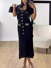 V-neck Short Sleeve Solid Ribbed Knit Midi Dress