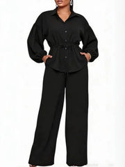 Collared Shirt and Wide Leg Pants Set