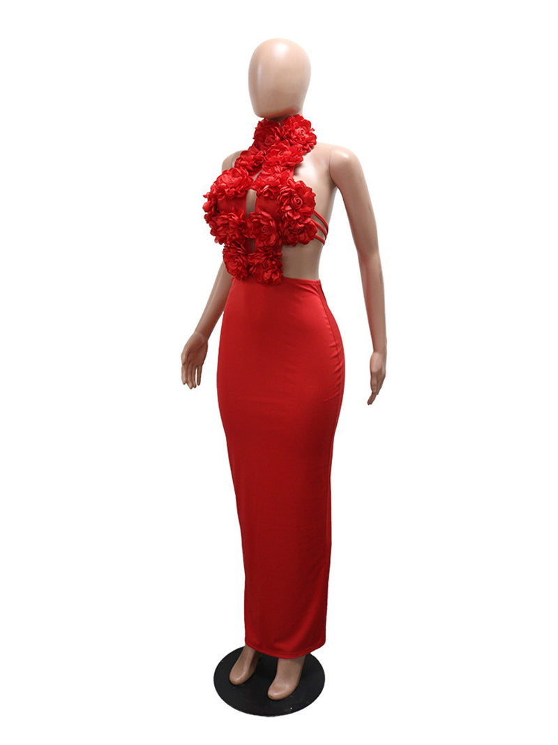 Elegant Floral Hollow-Out Bandage Maxi Dress