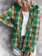 Casual Plaid Hooded Drawstring Button Down Shirt