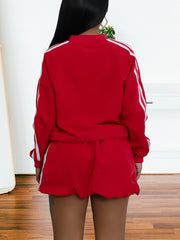 Casual Striped Jacket and Drawstring Short Skirt Set