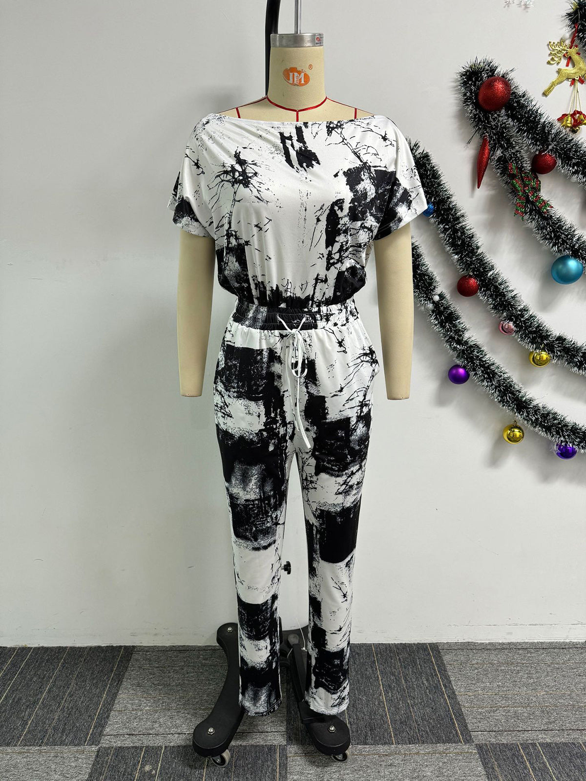 Fashion Print Short Sleeve Slim Jumpsuit