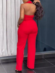 Turndown Collar Sleeveless Backless Slim Jumpsuits