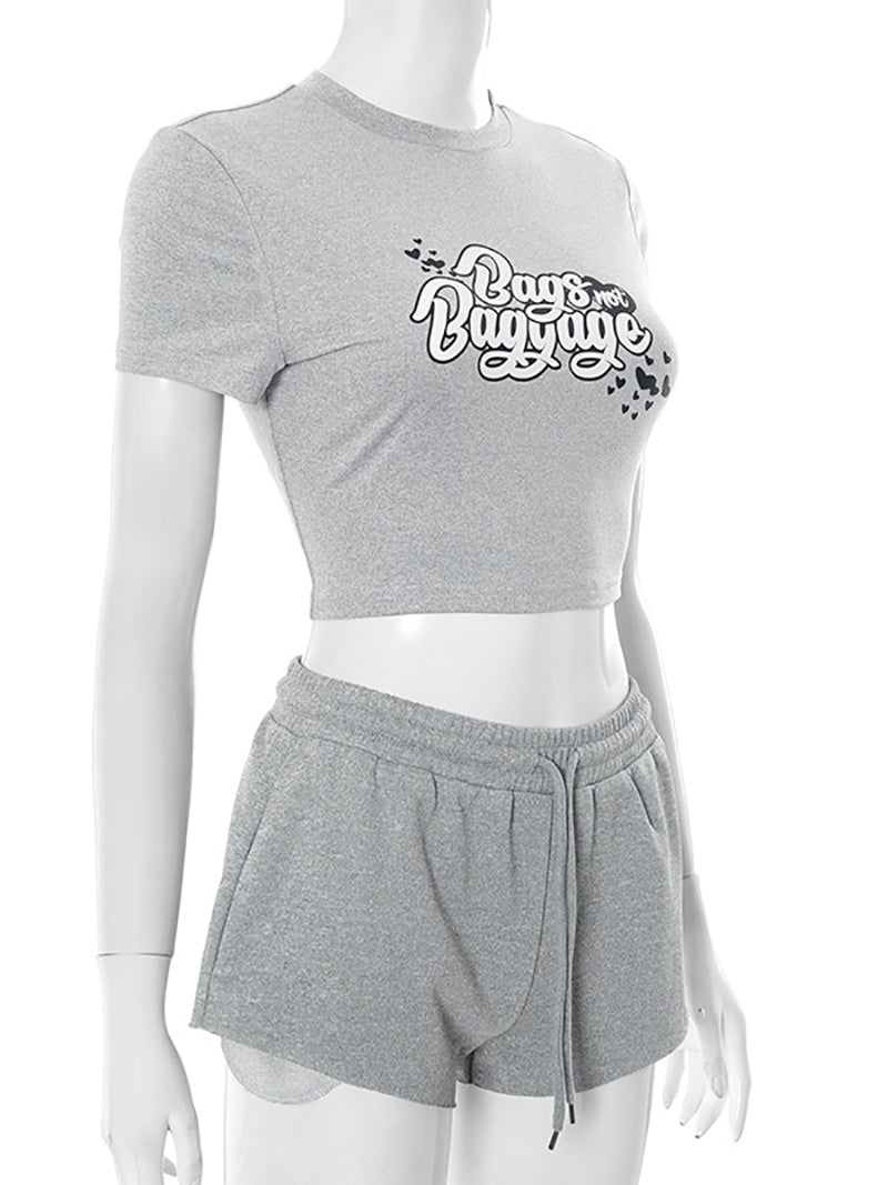 Casual Letter Print Crop Top Shorts Two Piece Set
