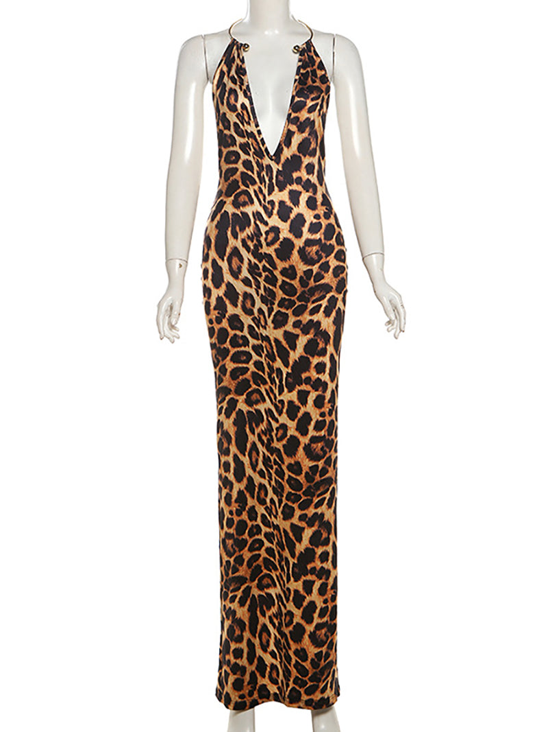 Leopard Halter Deep V Neck Backless Maxi Dress