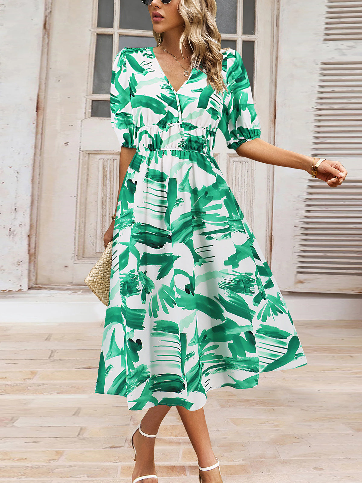 Casual V-neck Bohemia Print A-Line Dress