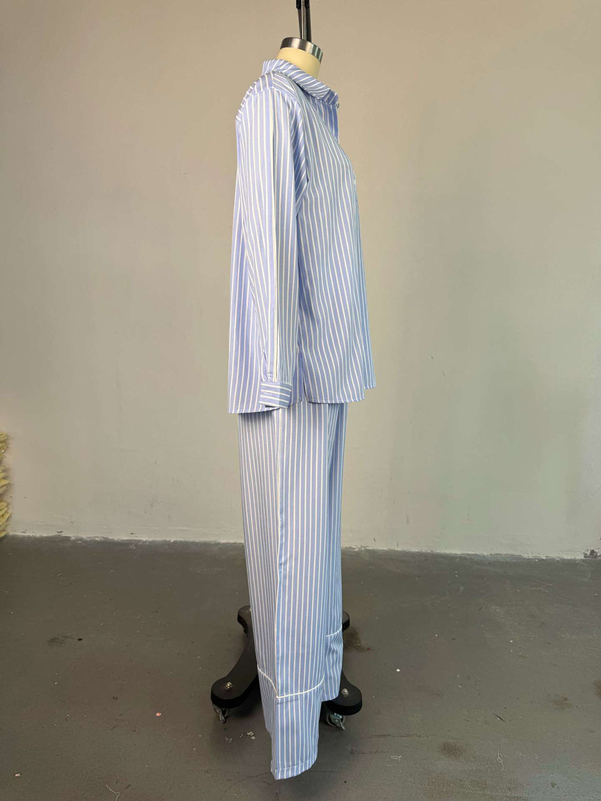 Casual Lapel Loose Stripe Shirt Wide Leg Pants Set