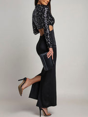 Elegant Sequin Hollow Out Long Sleeve Bodycon Maxi Dress