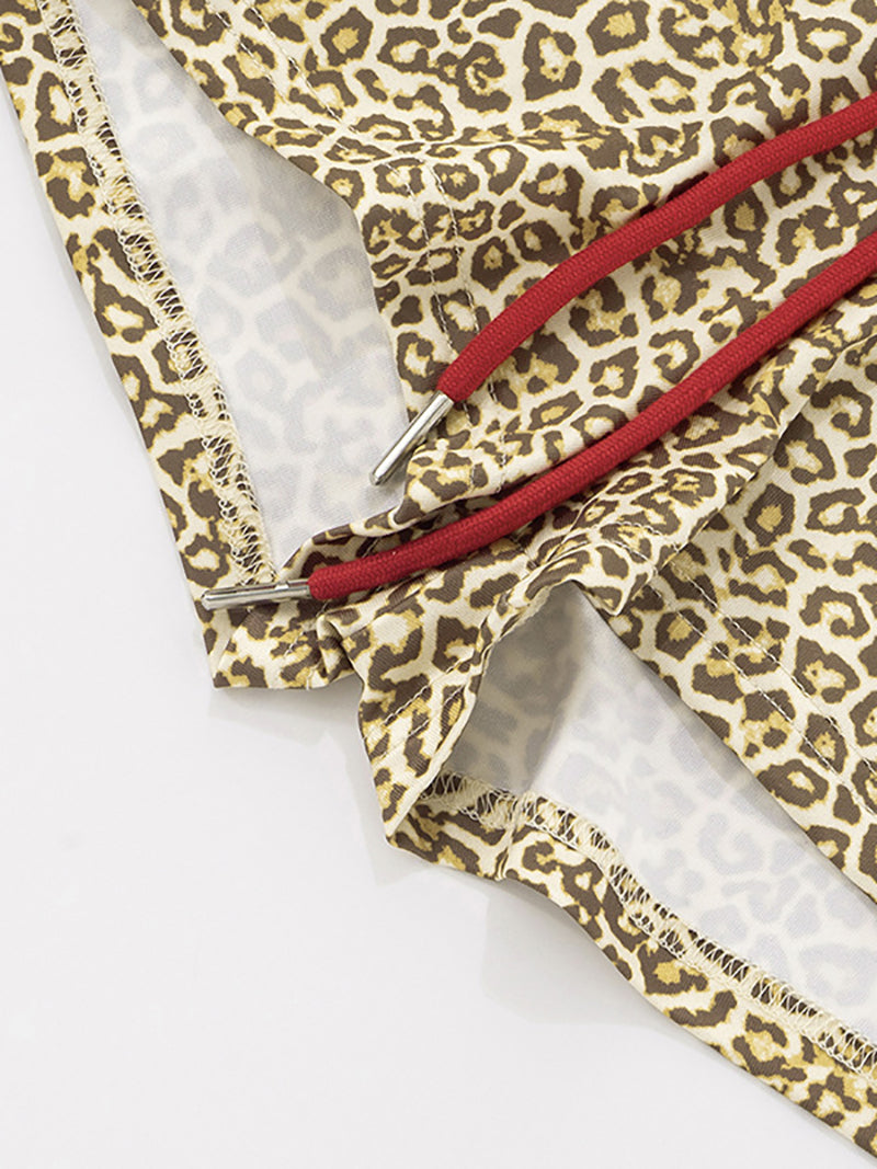 Casual Leopard Print Zipper Top Drawstring Shorts Sets
