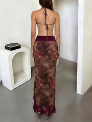 Sexy Print Chest Top And Frill Hem High Split Maxi Skirt Sets