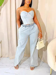 Casual Strapless Denim Top And Pants Two Piece Set