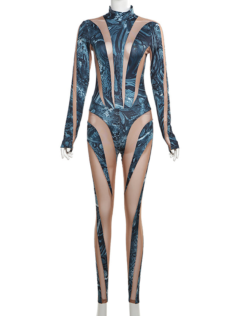 Sexy Print Warped Snake Black Nude Mesh Catsuit Jumpsuit