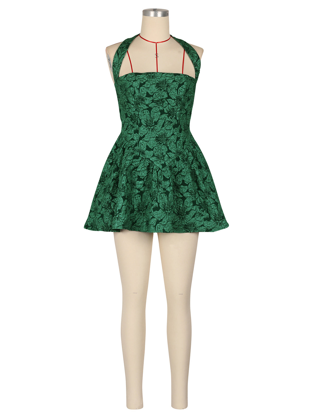 Elegant Halter Jacquard Floral High Waist Mini Dress