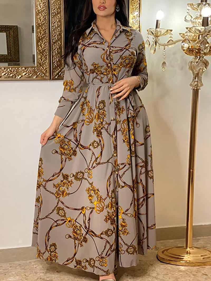 Casual Loose Long Sleeve Print Maxi Dress