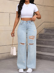 Casual High Waist Ripped Straight Leg Jeans