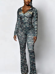 Letter Leopard Print Zip Tight Hooded Top And Pants Set