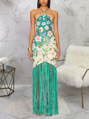 Elegant Halter Sleeveless Floral Print Fringe Dress