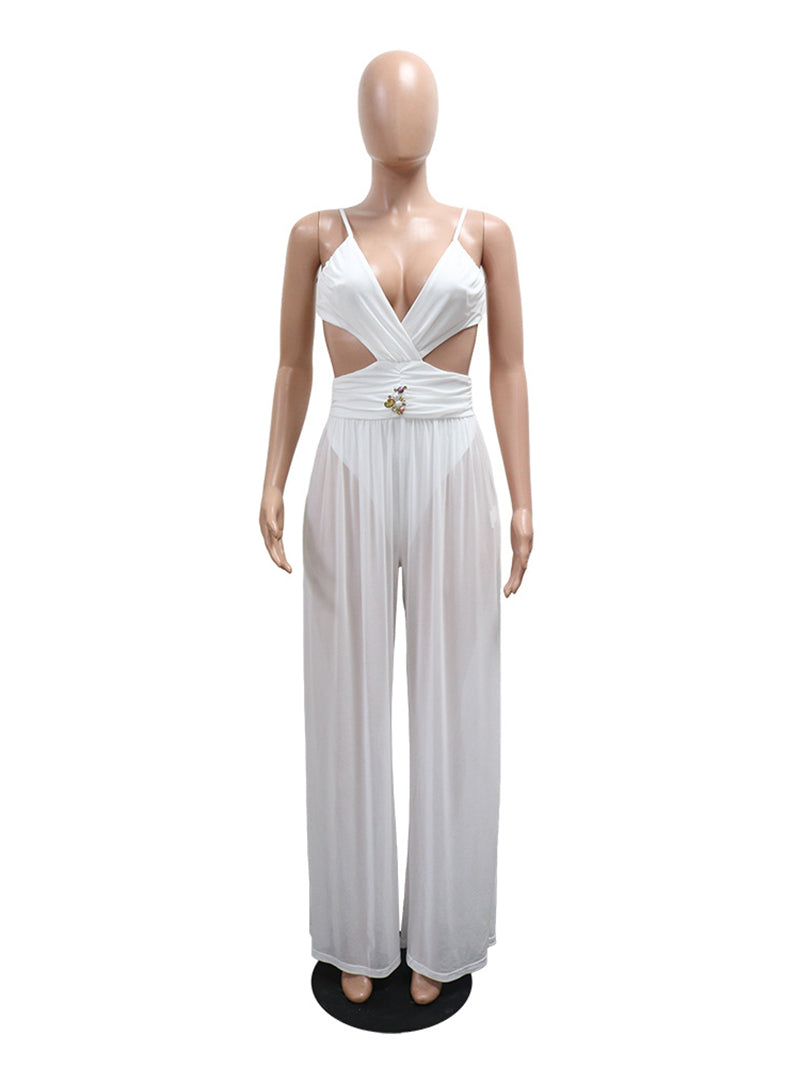 Sexy V Neck Backless Lace-up See Through Jumpsuit