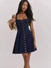 Button Front Denim A Line Mini Dress