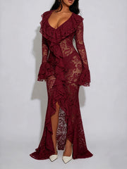 Sexy Floral Lace See Through Ruffled Maxi Dress