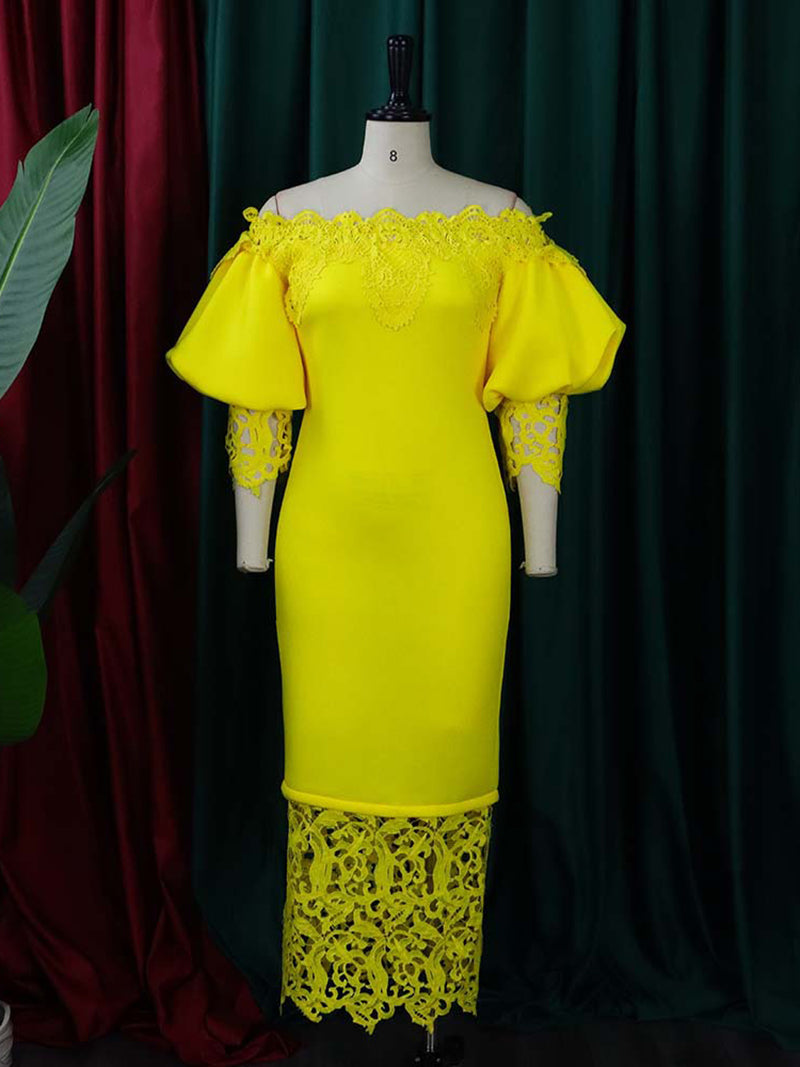 Elegant Off Shoulder Puff Sleeve Patchwork Lace Dress