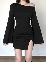Asymmetric Bell Sleeve Ruched Mini Dress
