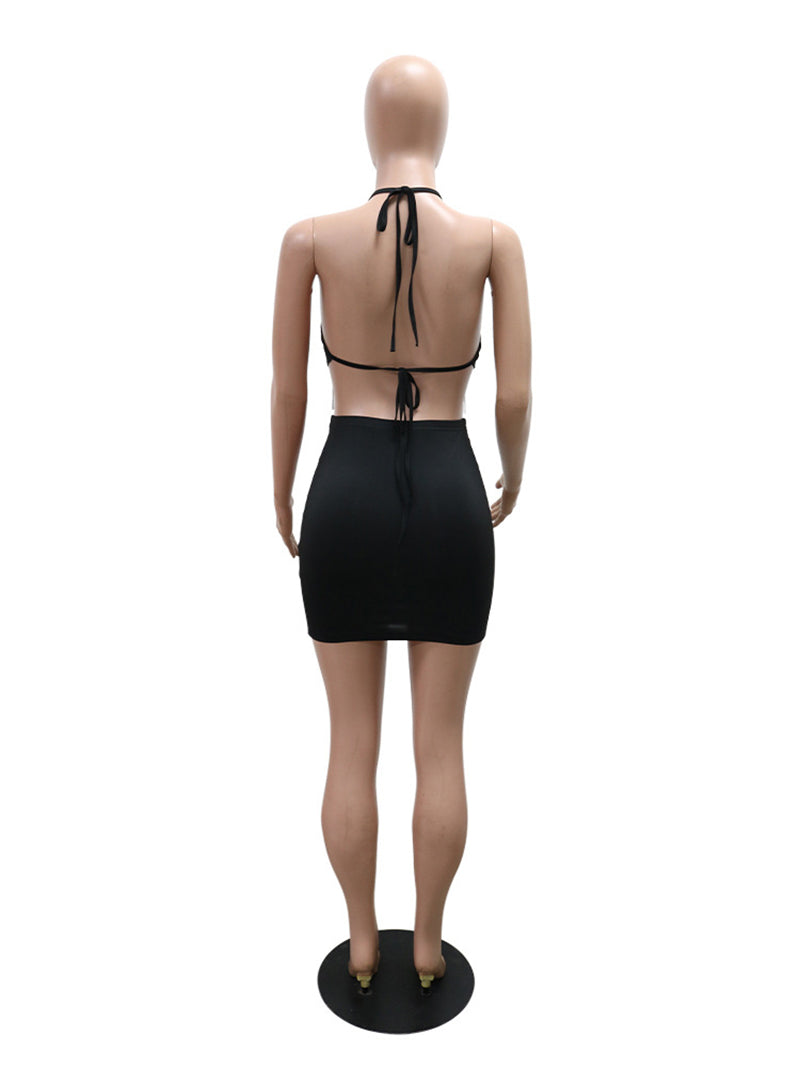 Sexy Rhinestones Tassel Backless Top And Mini Skirt Set