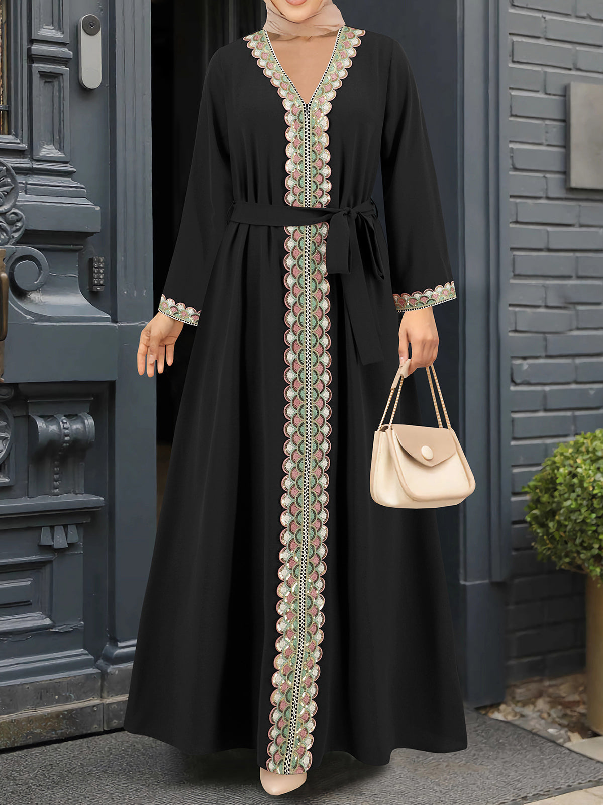 Elegant V Neck Long Sleeve Muslim Maxi Dress