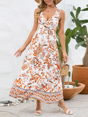 Retro V Neck Flower Print Dress
