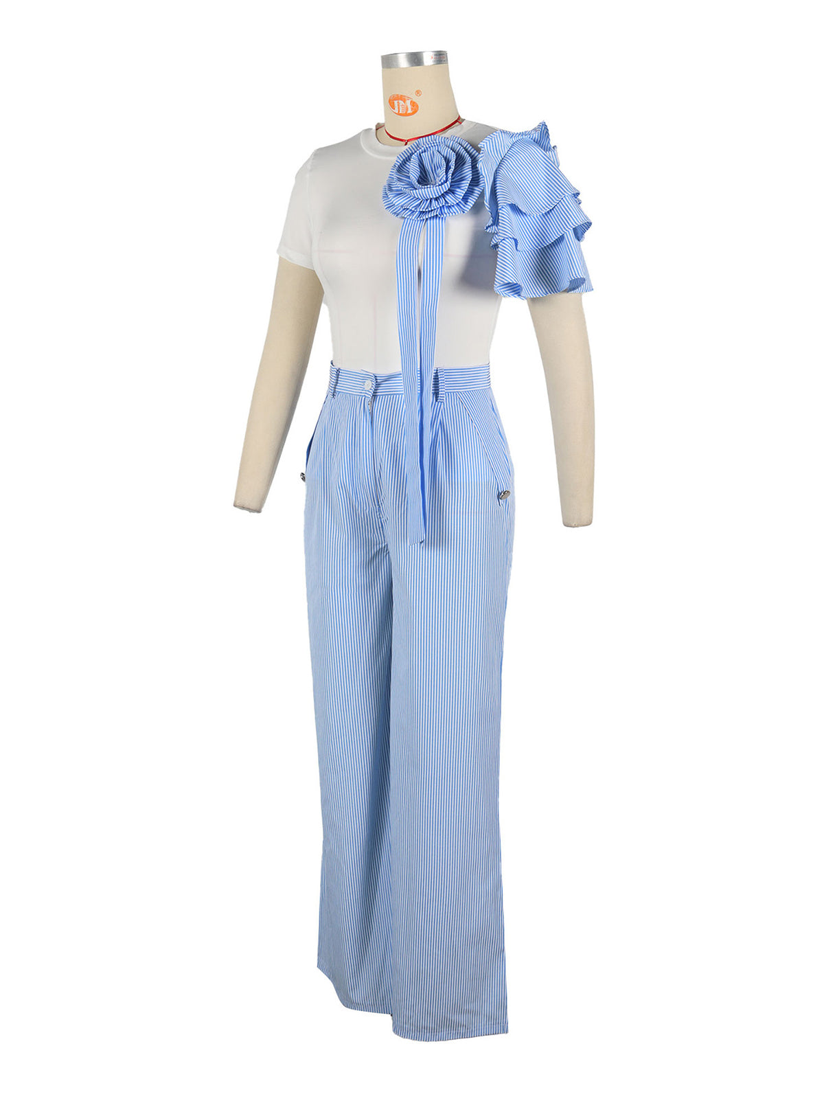 Asymmetric Rosette Top Pinstripe Wide Leg Pants Sets