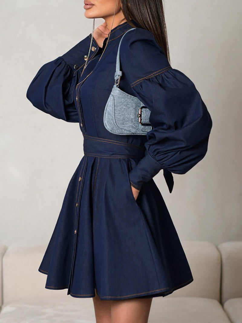 Fashion Lantern Sleeve Denim Mini Dress