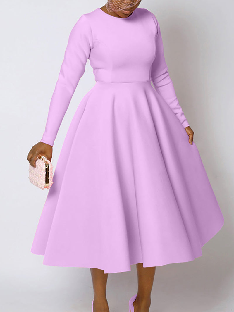 Elegant Round Collar Cinched Waist A-Line Dress