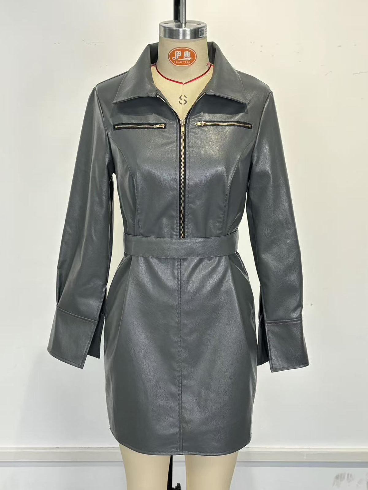 Fashion PU Leather Long Sleeve Slim Mini Dress