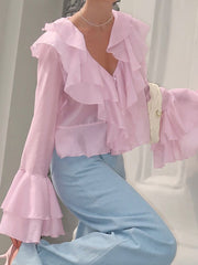 Fashion Ruffle V-Neck Bell-Sleeve Blouse